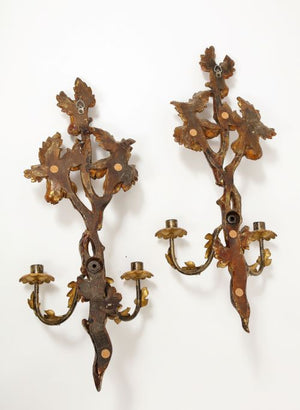 Pair of 19th Century Continental Hand Painted Ormolu Carved Wood Candle Sconces  - Pears & Leaves (8815113896243)