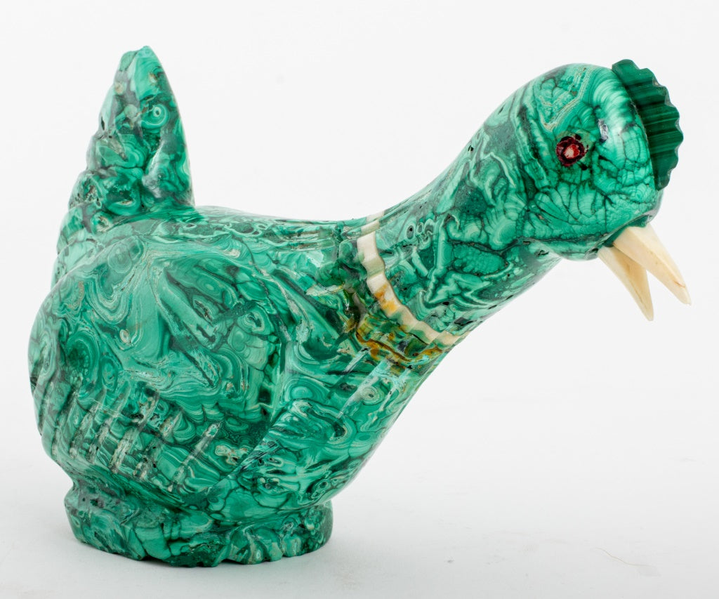Malachite Bird Sculpture with Inset Quartz & Bone Showplace