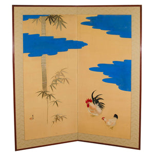 Japanese Two-Panel Embroidered Screen from the Meiji Period with Scenes of Rooster and Chicken (6719677890717)