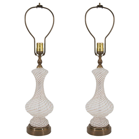 Italian Murano Glass “Latticino” Design Pair of Mid-Century Modern Lamps