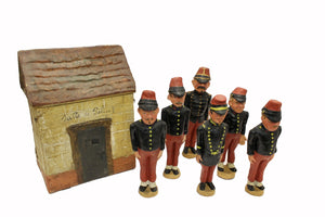 Paper Mache Police Skittles Bowling Pin Set and Police Headquarters Box 1850s (6719724945565)