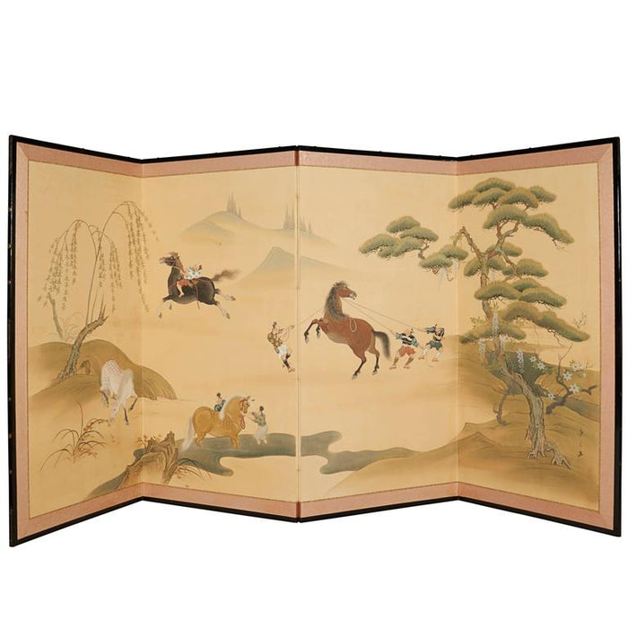 Four-Panel Japanese Equestrian Themed Screen, Early 20th Century