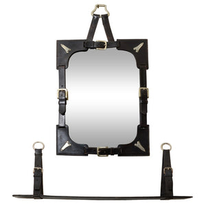 Jacques Adnet Inspired 1950s Leather Strap Wall Mirror & Shelf (6719567888541)