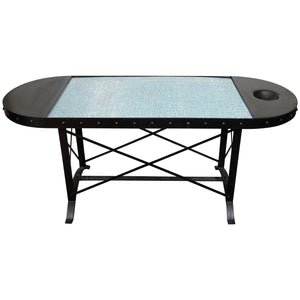 An Oblong Mid-Century Iron Table with Nailhead Trim and Glass Section (6719593480349)