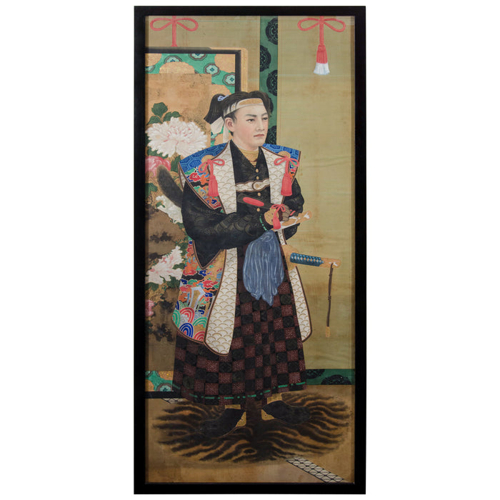 Meiji Period Japanese Imperial Painting on Silk, with Man in Multi-Colored Coat