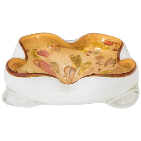 Murano Glass Bowl in White with Colorful Interior and Aventurine Flecks