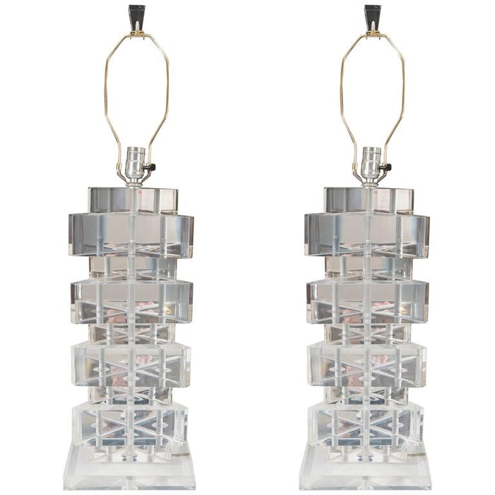 Vintage Pair of Stacked Triangular Lucite Blocks Table Lamps