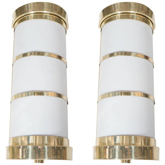 Frosted Acrylic and Brass Pair of Cylindrical Wall Sconces, Pair