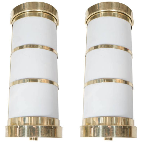 Frosted Acrylic and Brass Pair of Cylindrical Wall Sconces, Pair