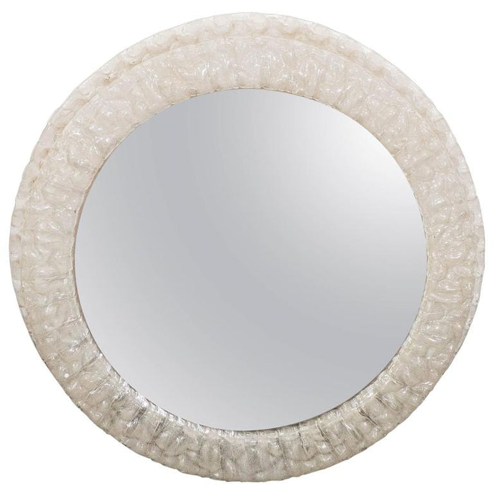Round Mid-Century Wall Mirror in Illuminated and Textured Resin Frame