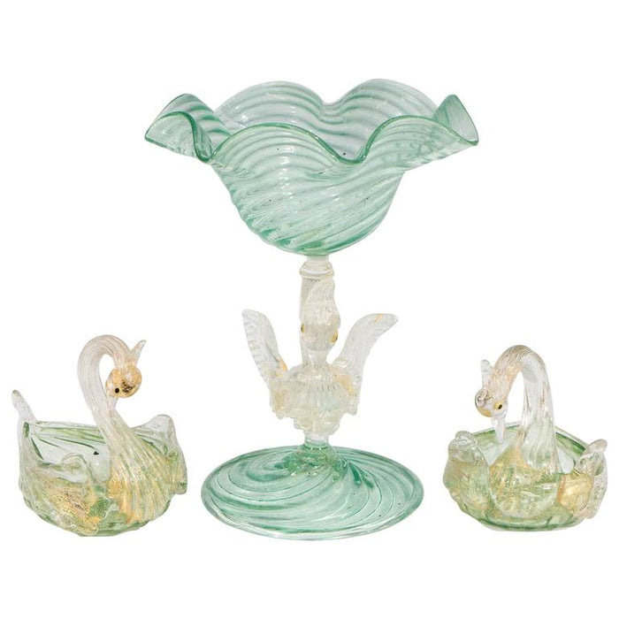 Swan Motif Glass Raised Bowl and Salts by Salviati