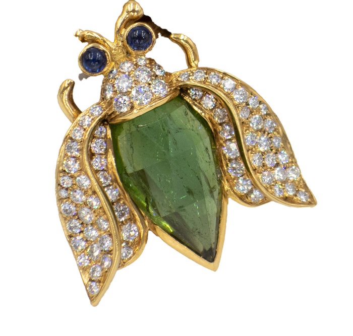 18K Yellow Gold Beetle 2 Pin Fur Clip, Diamonds and Sapphire Eyes, Italy