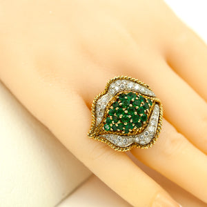 18K Yellow Gold Cocktail Ring Size 4.5, 38 Diamonds, 23 Natural Emeralds, 1950s (8011473584435)