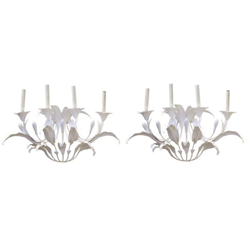 Art Nouveau Style Metal Floral Candelabra Sconces in White