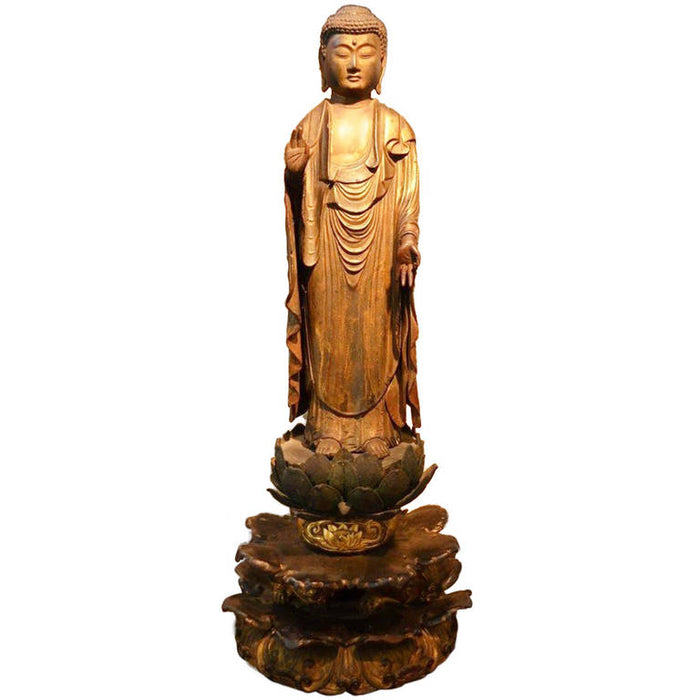 Japanese Muromachi Period Amitabha Buddha Gilt and Carved Wood Statue