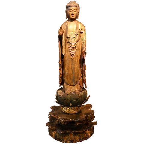 Japanese Muromachi Period Amitabha Buddha Gilt and Carved Wood Statue