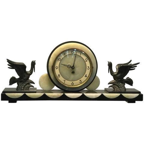 French Art Deco Marble and Onyx Mantel Clock with Flying Herons