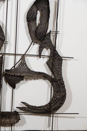 Paul Evans Style Brutalist Wall Sculpture in Iron with Mermaids (6719656394909)
