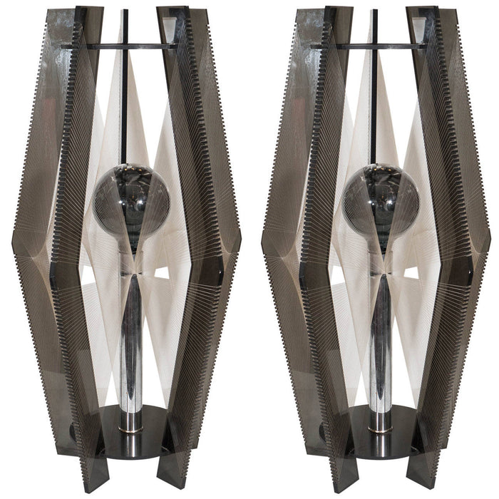 A Vintage Pair of Modernist Smoked Lucite and Chrome Table Lamps with Decorative Threading
