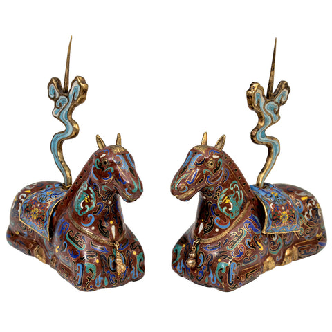 Chinese Cloisonne Sculptural Horse Incense Holders, Pair