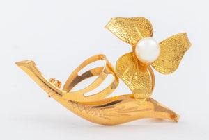 Vintage 18K Rose & Yellow Gold Flower Pearl Brooch (7461421449373)