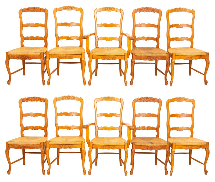 French Provincial Style Oak Dining Chairs, Set of  10