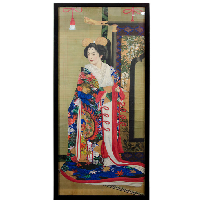 Meiji Period Japanese Imperial Painting on Silk with Elaborately Dressed Woman