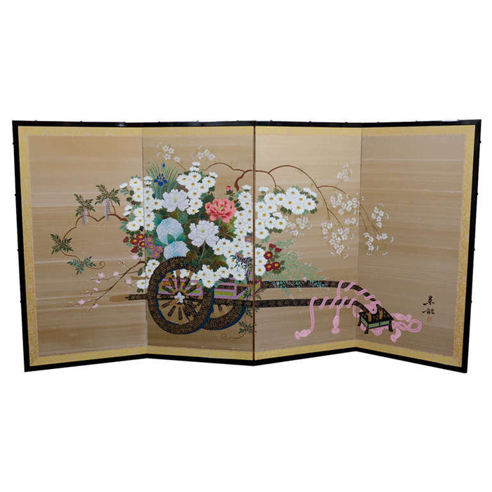 Japanese Four Panel Screen with Flower Cart