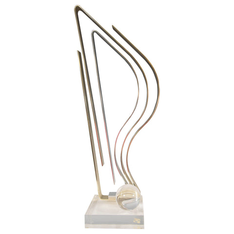 Kinetic Flame Sculpture in Brass and Chrome on Lucite Base by Dan Murphy, Signed