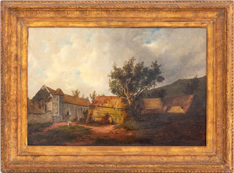 French Farmyard Scene Oil on Canvas, 19th C.