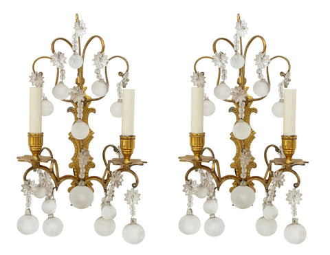 Italian Brass & Crystal 2-Branch Wall Sconces, Pr.