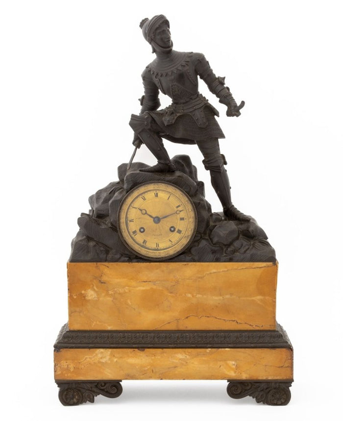 French Empire Bronze and Marble "Knight" Clock