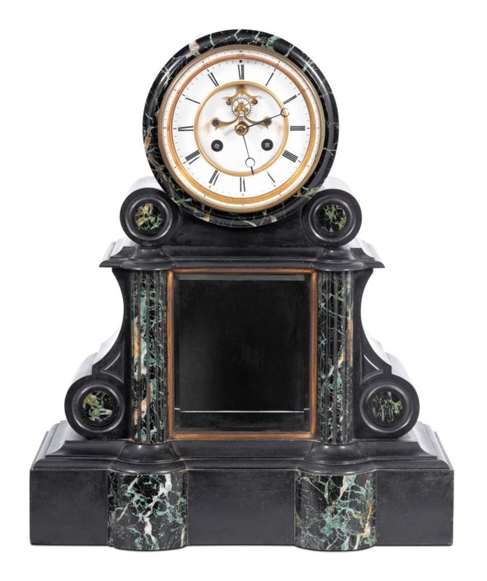 French Black Slate and Green Marble Mantel Clock