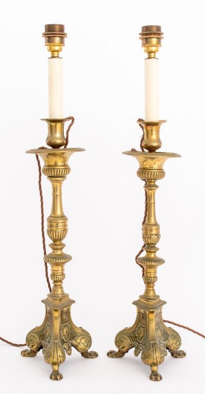 French Rococo Style Brass Candlestick Lamps, Pair – Showplace