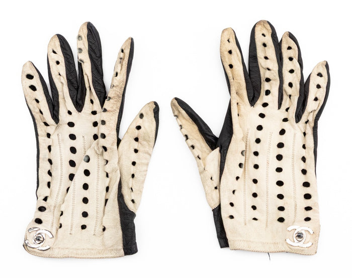 Chanel Black and White Leather Gloves, Pair
