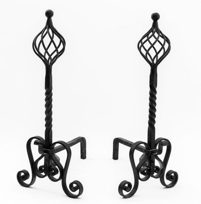 Gothic Revival Wrought Iron Andirons, Pair