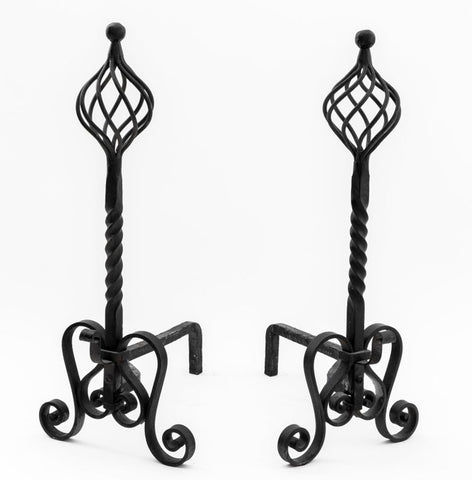 Gothic Revival Wrought Iron Andirons, Pair