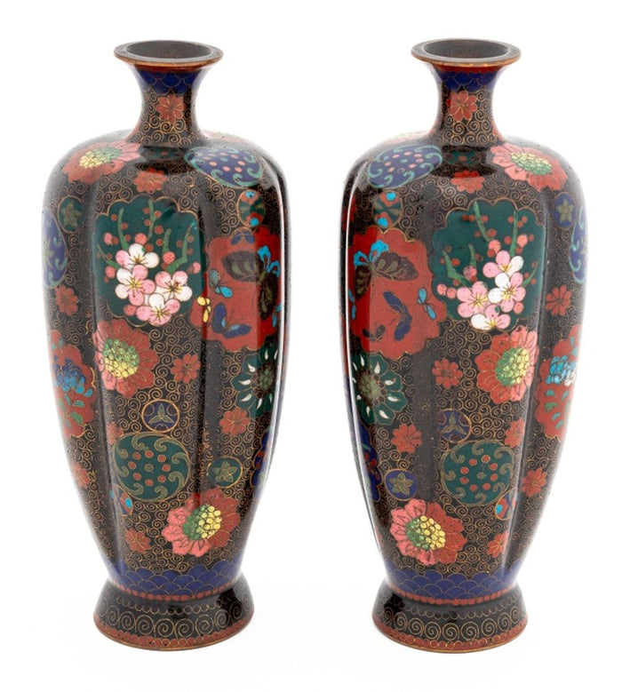 Japanese Cloisonne Lobed Vases, Pair