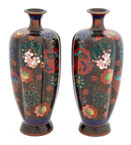 Japanese Cloisonne Lobed Vases, Pair