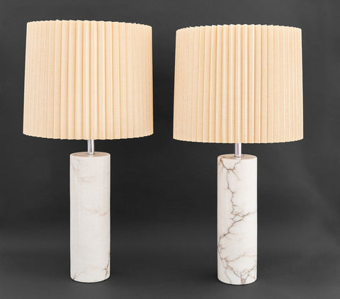 Modern White Marble Cylinder Table Lamps, Pair