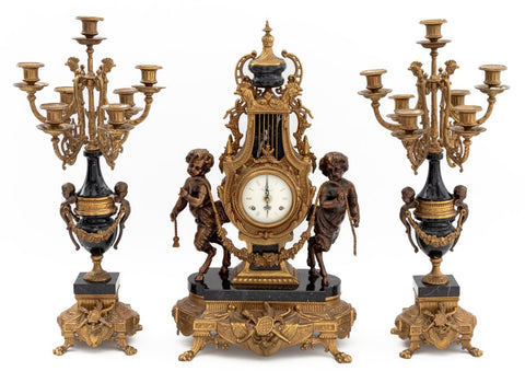 Louis XV Style Gilt Bronze & Marble Garniture