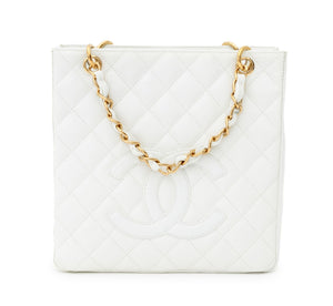Chanel White Quilted Caviar Leather Tote Bag