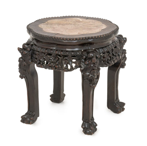 Chinese Red Marble Inset Hongmu Low Pedestal Table