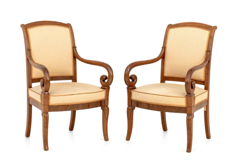 Louis Philippe Walnut Upholstered Fauteuils, Pair