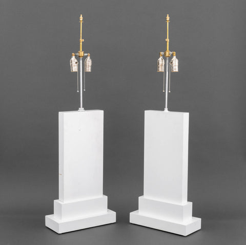 Minimalist White Painted Wood Table Lamps, Pair