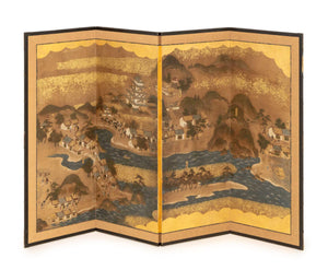 Japanese Village Landscape Scene Byobu Screen, 19th Century