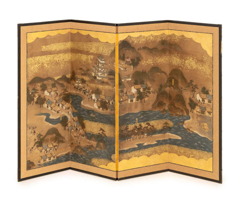 Japanese Village Landscape Scene Byobu Screen, 19th Century