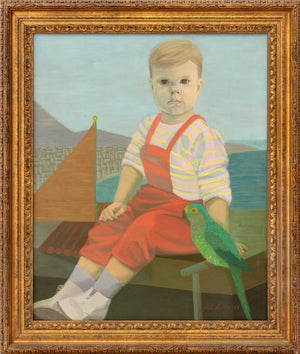 Signed Portrait of a Child with Green Parrot, 1961