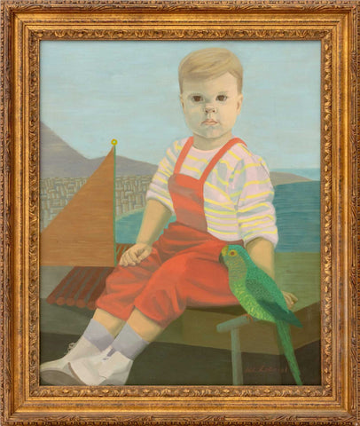 Signed Portrait of a Child with Green Parrot, 1961