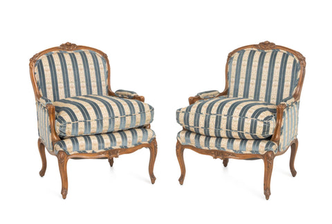 Louis XV Style Velvet Upholstered Bergeres, Pair